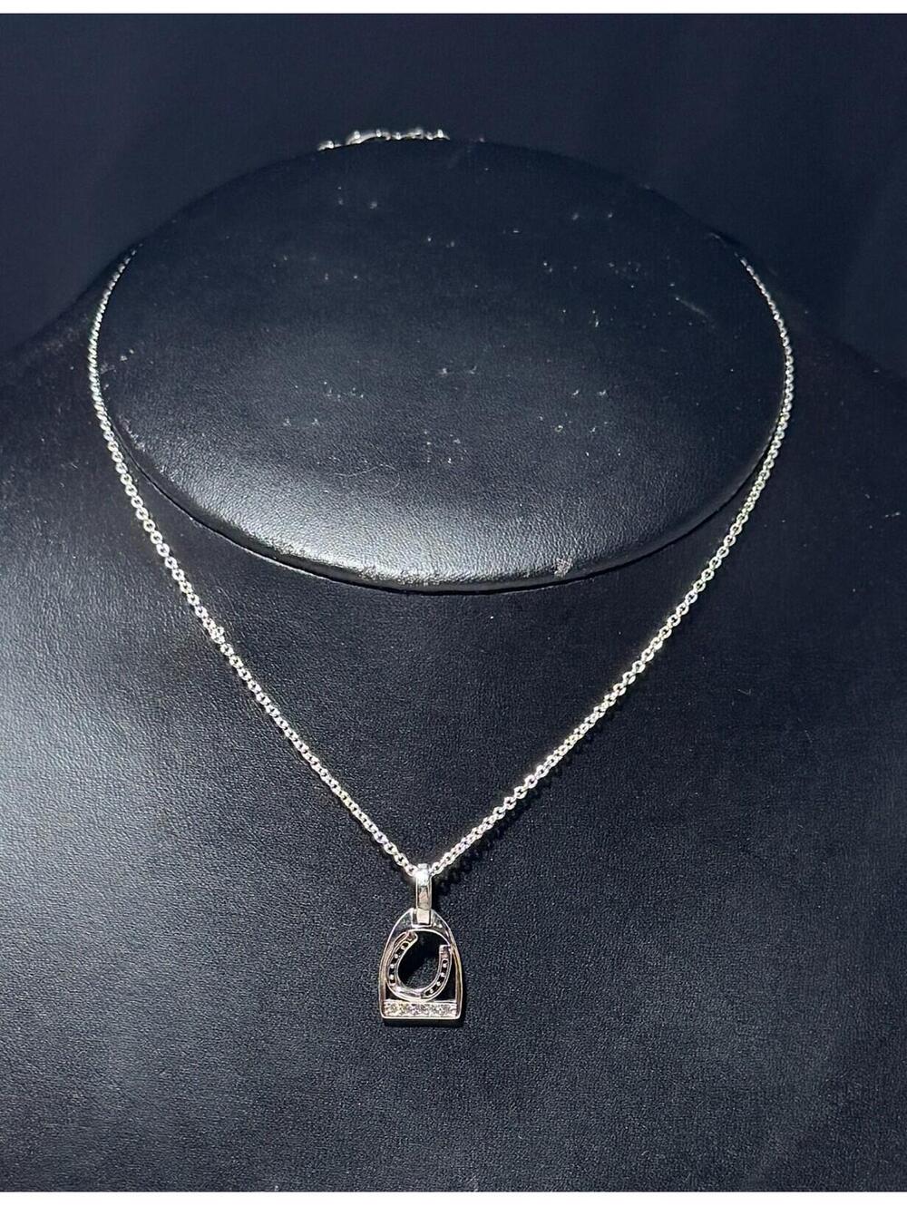 Silver Tone Stirrup Horseshoe Pendant Necklace with Black & Clear Stones Fashion